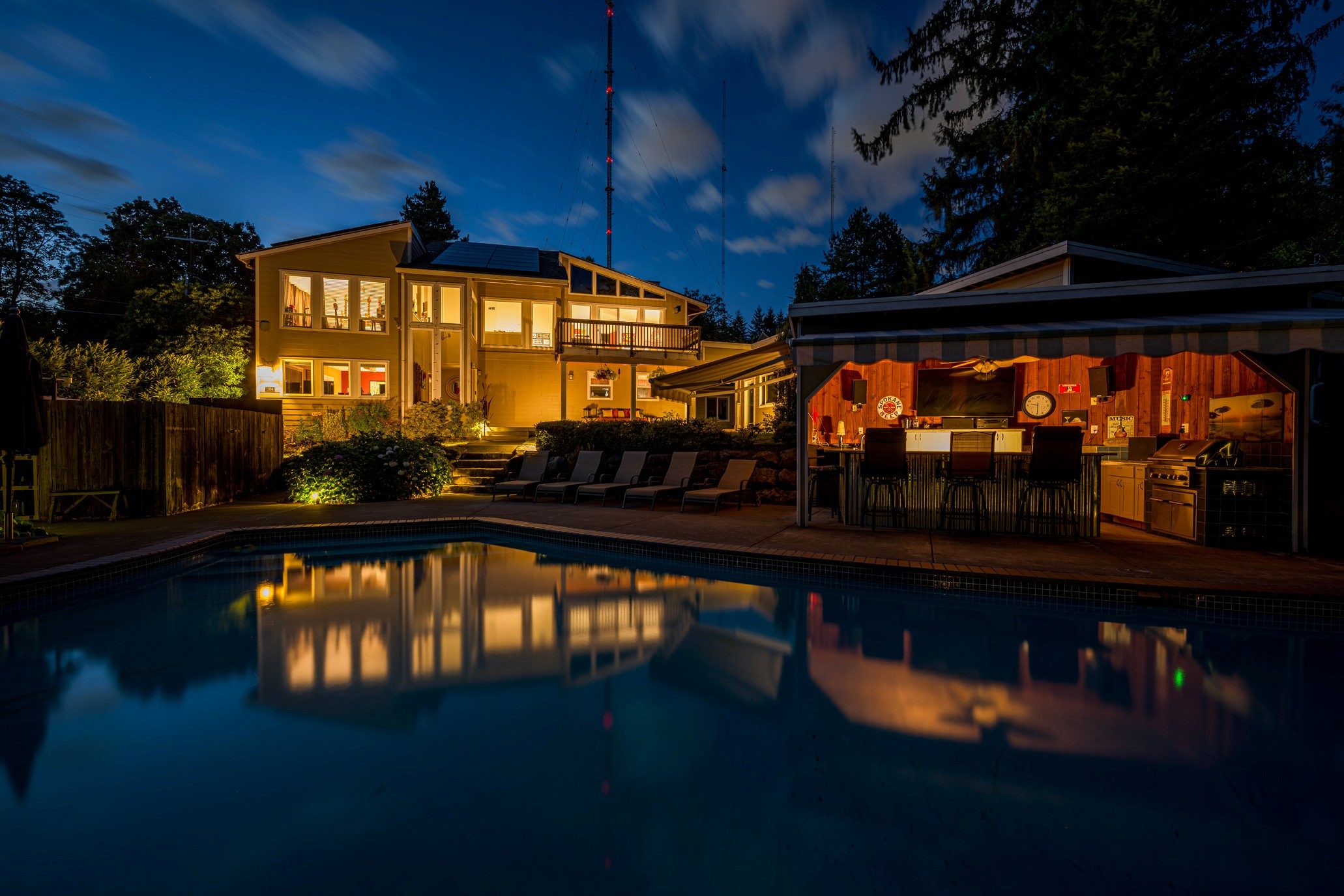 Architectural exterior at dusk. Portland Metro home